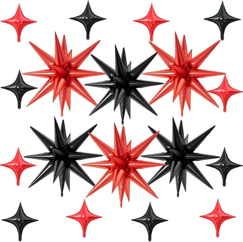 Vista 29 de 18 globos de estrella rojos y plateados, globos plateados y rojos con 6 globos de estrella en explosión de 22 pulgadas, 12 globos de aluminio