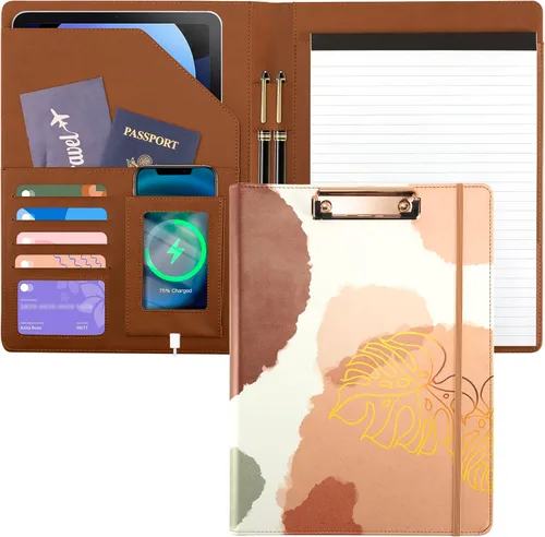 Portafolio Folio Carpeta Portafolio con Bloc de Notas-Bolsillo Portatarjetas de Visita Marrón Imitación PU Cartera