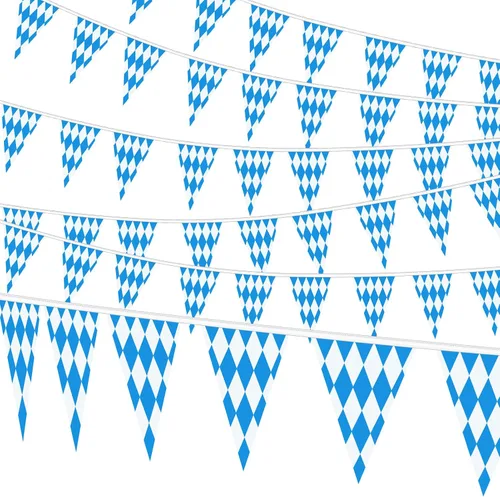 Banderas de Oktoberfest de 197 pies, paquete de 6 banderines azules y blancos para decoraciones de fiestas temáticas alemanas, decoración interior y