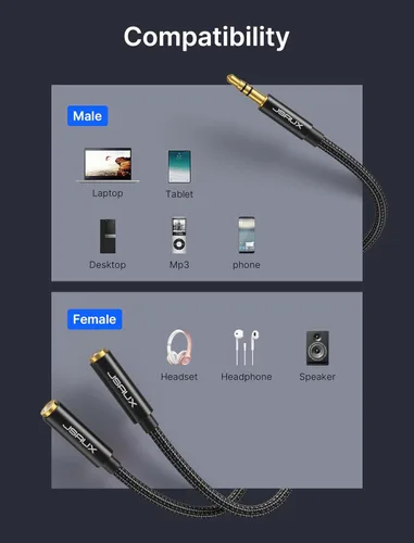 Vista 5 de JSAUX Divisor de auriculares, divisor de audio de 3.5mm macho TRS a 2 adaptadores hembra duales de 3.5mm, cable auxiliar estéreo Y trenzado