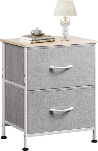 Vista 18 de WLIVE - Mesita de noche con 2 cajones, cómoda pequeña con 2 cajones para dormitorio, mueble de noche, mesa auxiliar con compartimentos de tela
