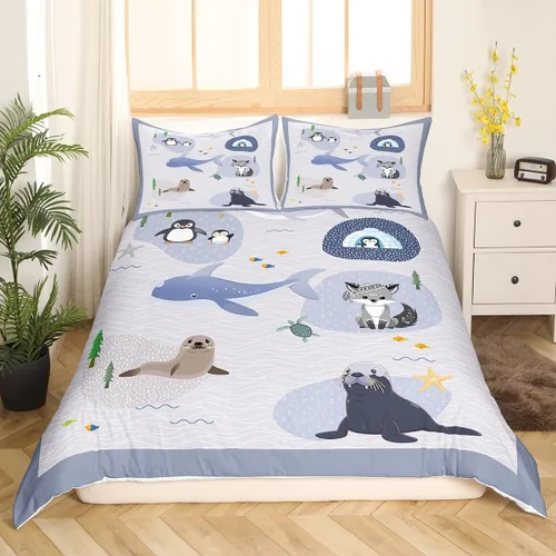 Vista 3 de Juego de funda de edredón de animales lindos, tamaño King, funda de edredón con 2 fundas de almohada, diseño de pingüino y ballena ártica con 2