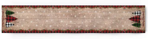 Vista 6 de Camino de mesa de lino y algodón de Feliz Navidad, diseño de búfalo, árbol de Navidad, copo de nieve, árbol de Navidad, camino de mesa de pino