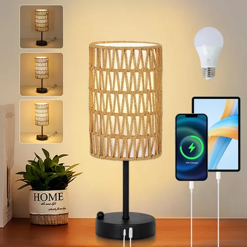 Vista 13 de Juego de 2 lámparas de mesa de noche de ratán, lámparas bohemias con 3 temperaturas de color y puerto USB de CA, lámpara de mesa con cadena