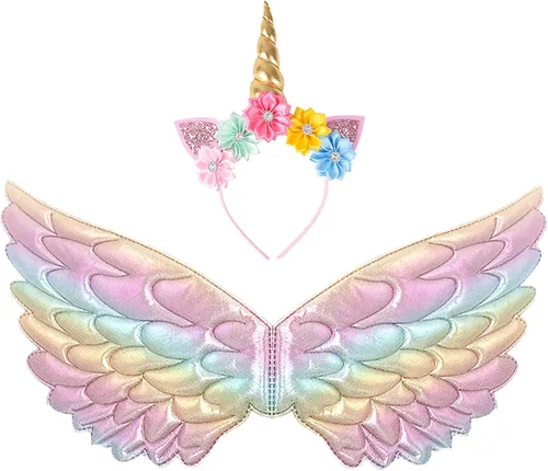 Creatoy Alas de hadas para niñas con diadema de unicornio para niños de 2 a 7 años, decoración de fiesta de unicornio, disfraz de princesa, regalos