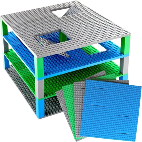 Vista 7 de Strictly Briks Placas base apilables, compatibles con Lego, 10 x 10 pulgadas, azul/verde/gris, paquete de 4 con 15 apiladores, placa base