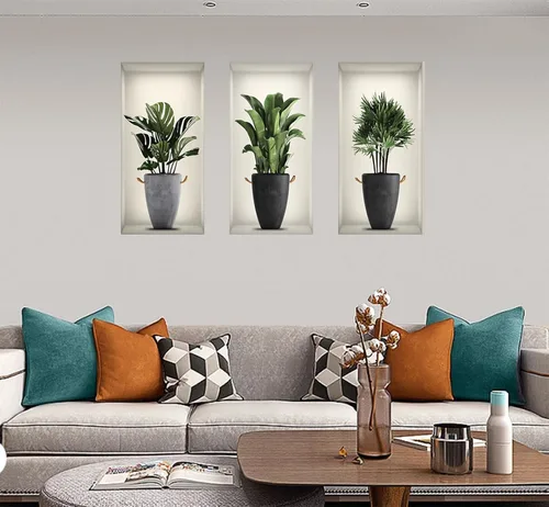 Vista 7 de Calcomanías de pared de plantas verdes 3D, calcomanías de pared en macetas tropicales, vinilo creativo para despegar y pegar, decoración de pared