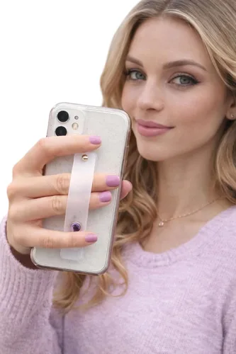 Crystal Phone Grip and Phone Strap with Real Amethyst Genuine Gemstone and White Strap for Smartphones and Tablets