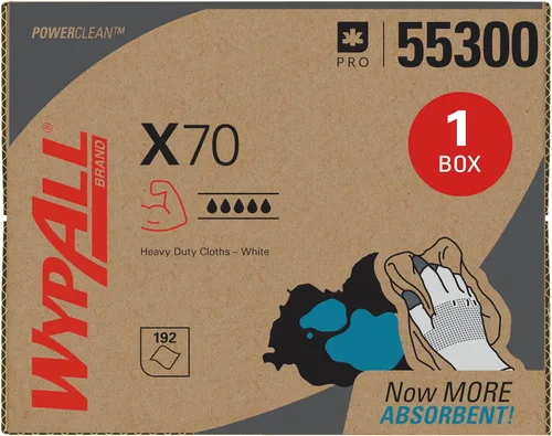 WypAll PowerClean X70 Toallitas de servicio mediano (55300), Brag Box, toallas de larga duración, color blanco (1 paquete de 192 hojas, 192 hojas en