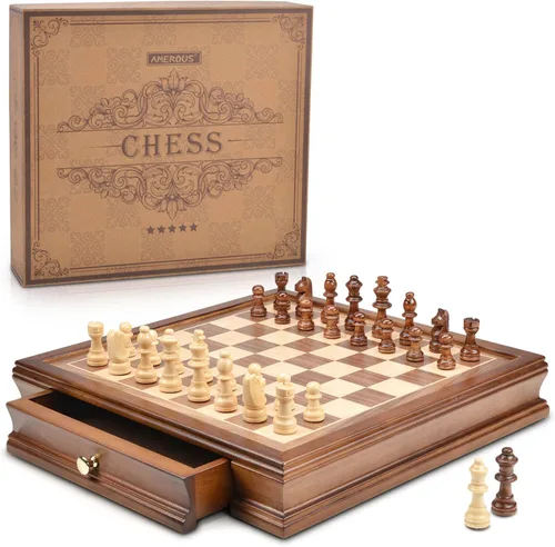 AMEROUS 12.8" x 12.8" Magnetic Wooden Chess Set with 2 Built-in Storage Drawers - 2 Bonus Extra Queens - Gift Packaging - Staunton Chess Pieces,