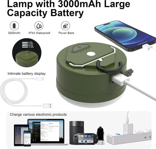 Vista 3 de Luz de campamento recargable de 3000 mAh, 2000 lm, cálida/blanca/naturaleza/SOS, 4 modos de brillo, ajuste continuo, linterna de campamento, luz