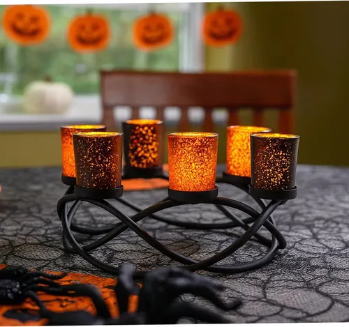 Vista 19 de Seraphic Portavelas de Halloween Decoración de Centro de Mesa – Portavelas de Hierro Metal Negro de 6 Copas para Velas Votivas y de Té para Mesa