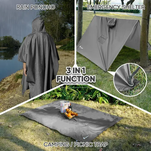 Vista 2 de PTEROMY Poncho de lluvia con capucha para adultos con bolsillo impermeable ligero unisex para senderismo camping emergencias