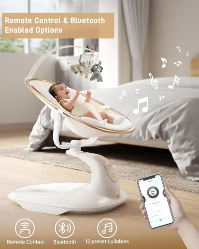 Vista 6 de Columpio de bebé para bebés a niños pequeños, columpio eléctrico para bebé con base resistente en forma de escudo, rotación de 180° columpio