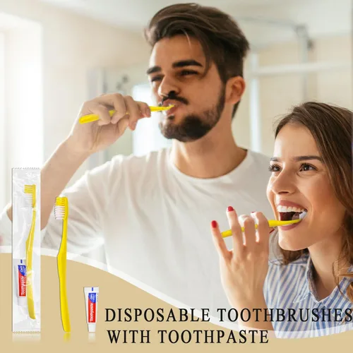 Vista 2 de Cepillos de dientes desechables con pasta de dientes, paquete de 30 cepillos amarillos huecos envueltos individualmente, kit de cepillos de dientes