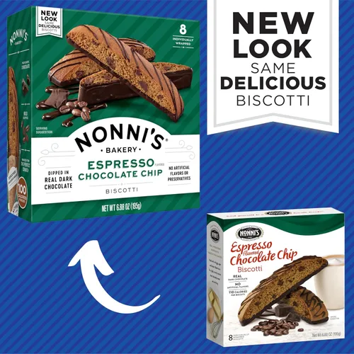 Vista 3 de Nonni's Espresso Chocolate Chip Biscotti - Galletas italianas de espresso, chispas de chocolate y chocolate negro, empaque individual, galletas