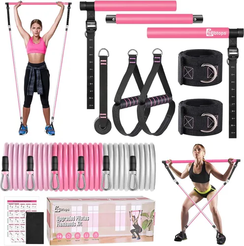 Vista 16 de Kit de barra de pilates Bbtops con bandas de resistencia, barra de pilates con bandas apilables, equipo de entrenamiento para piernas, cadera, Rosa