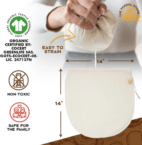 Vista 4 de Bolsa XXL de leche de nuez de 14 x 14 pulgadas, 100% algodón orgánico sin blanquear, fácil de limpiar, bolsas de colador de leche de nuez/estopilla