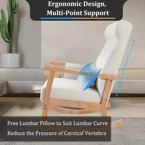 Vista 27 de NOBLEMOOD Mecedora tapizada con otomana, moderna silla mecedora para habitación del bebé, sillón de madera maciza con respaldo alto con asiento