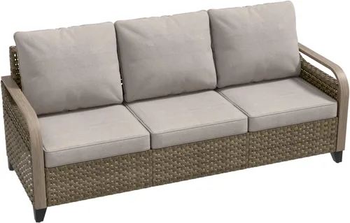 Vista 9 de Sofá de mimbre para patio, sofá para exteriores, 3 asientos Marrón/Gris