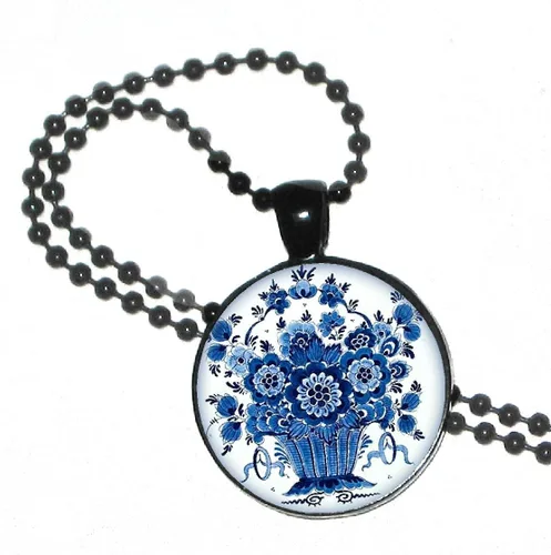 Delft Blue Collection Cesta de flores, color azul para la bañado en plata colgante W24" bañado en plata cadena de bolas