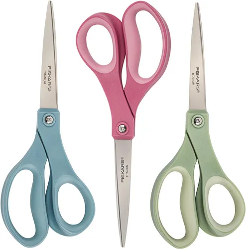 Fiskars Crafts Purpose Tijeras Fiskars de titanio Softgrip 3 unidades, azul/rosa/verde y 94817797 tijeras de micropunta, 5 pulgadas, naranja