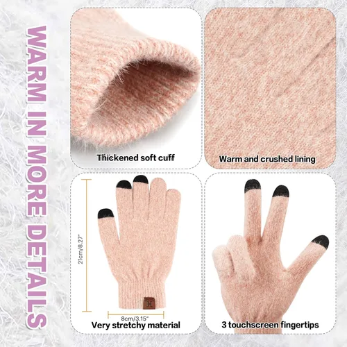 Vista 4 de Gorro de punto cálido para mujer, para pantalla táctil, conjunto de bufanda larga con forro polar y gorras de calavera para mujeres y hombres