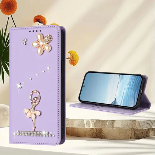 Vista 7 de Wallet Case for Motorola Moto E22 4G / E22i 4G,Glitter Pearl Flower Ballerina Flip Case Card Slots Stand RFID Blocking PU Leather Magnetic
