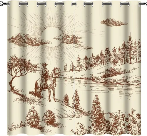 Vista 24 de Cortinas opacas retro de vaquero occidental para dormitorio, estilo rústico, cactus, salvaje oeste, vaquero, paseo, caballo, con ojales, aislamiento
