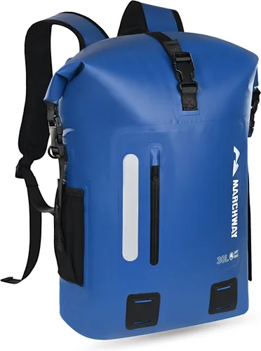 Vista 11 de MARCHWAY Mochila impermeable con parte superior enrollable, bolsa seca flotante de 20L/30L/45L con base rectangular ergonómica, espalda acolchada