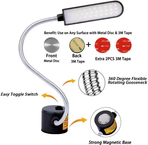 Vista 2 de Luz para Máquina de Coser, Lámpara de Trabajo Magnética LED, 30 LED, 6W, Multifuncional, Cuello de Ganso Flexible, Lámpara de Costura con Base