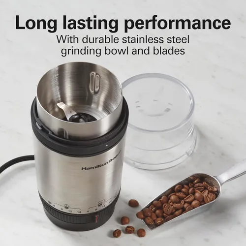 Vista 5 de Hamilton Beach Molinillo de café eléctrico Custom Grind para 4 a 14 tazas, operación de una pulsación sin usar las manos con apagado automático