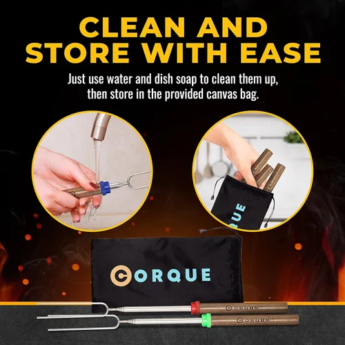 Vista 6 de CORQUE Palitos para Asar Malvaviscos, Palitos para S'mores, Extensibles, Pincho de Campamento para Fogata, Mango de Madera, Metal de 32 Pulgadas