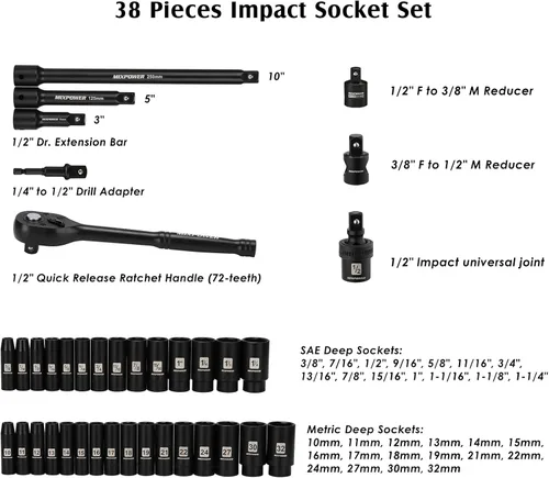 Vista 2 de MIXPOWER Juego maestro de llaves de impacto profundo de 38 piezas de 1/2 pulgada con mango de trinquete de liberación rápida de 10 pulgadas