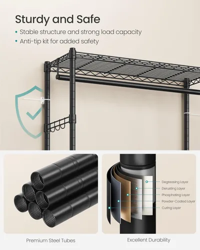Vista 5 de SONGMICS Perchero con ruedas de alta resistencia, perchero portátil, 35.4 pulgadas de ancho con ruedas, con estantes de malla ajustables y rieles