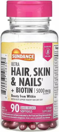 Sundance Cabello, piel y uñas con biotina 5000 mcg por porción, 90 cápsulas blandas, paquete de 2