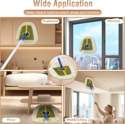 Vista 5 de Trapeador de polvo comercial para limpieza de suelos de madera, escoba industrial con 2 almohadillas de algodón de cuña de repuesto para paredes