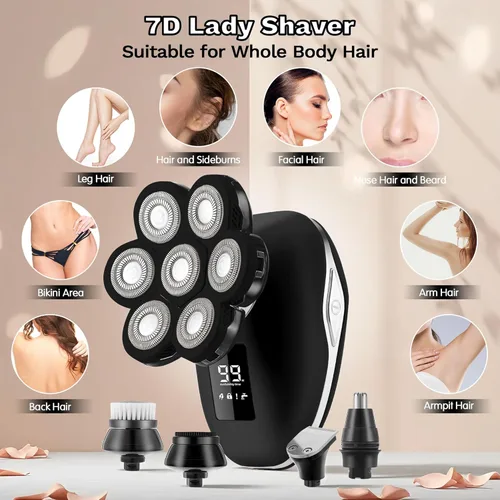 Vista 2 de Maquinillas de afeitar eléctricas para mujer, afeitadora eléctrica 7D para mujer, afeitadoras 5 en 1, recortadora de bikini húmeda/seca, afeitadora