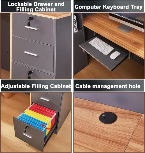 Vista 3 de Escritorio de recepción en forma de L con cajones con cerradura y armario de llenado ajustable, moderno mostrador de recepción con bandeja