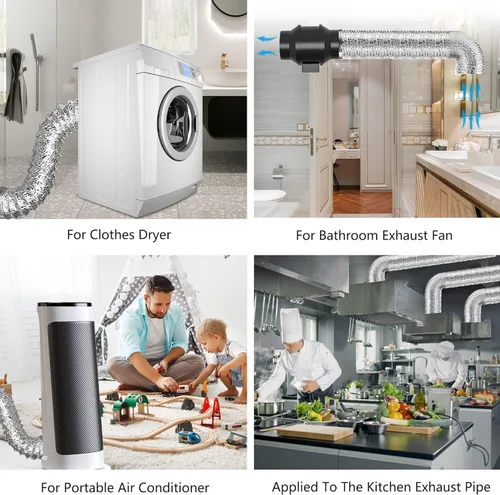 Vista 6 de Manguera de ventilación de secadora flexible de PVC con lámina de aluminio para conductos de ventilación HVAC con 2 abrazaderas