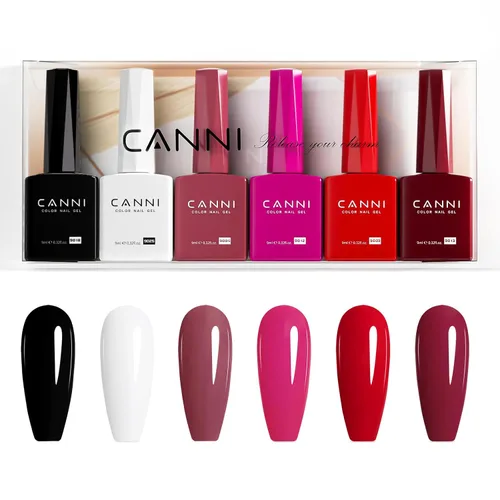 Vista 9 de Canni - Set de esmalte de uñas en gel sin hema de 9ml, 6 piezas, kit de esmalte de uñas en gel blanco, negro, burdeos, rojo, púrpura, desnudo