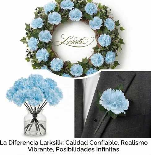 Vista 7 de Larksilk Real Touch - Púas de clavel de seda azul – 100 unidades a granel, cabezas de flores artificiales de 3.5 pulgadas con tallos de 5 pulgadas
