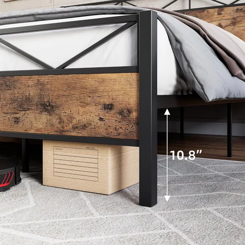 Vista 10 de Senfot Base de cama de tamaño matrimonial con cabecera y estribo de madera rústica, plataforma de metal, soporte de listones de acero resistente,