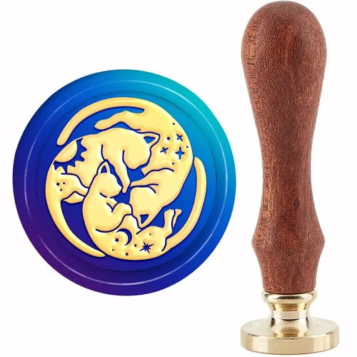 CRASPIRE Sello de cera para gatos, diseño de sol, luna, tres gatos, sello de cobre, 1.181 in, cabeza de sello de latón extraíble retro con mango de