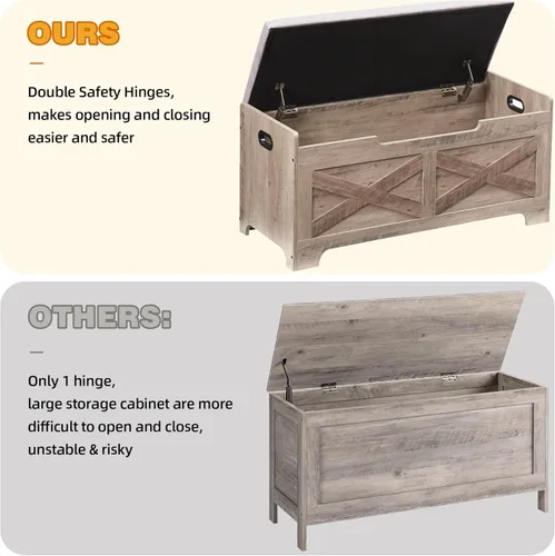 Vista 14 de GAOMON Baúl de almacenamiento, banco de almacenamiento con bisagra de seguridad, baúl de madera estilo granja para entrada, dormitorio, sala