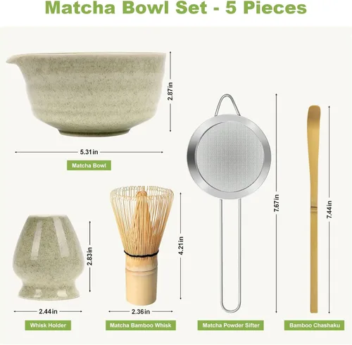 Vista 6 de Juego de batidor de matcha verde, kit de té japonés con batidor y cuchara de bambú, Chawan de cerámica con boquilla para ceremonia de té
