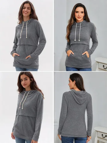 Vista 4 de Liu & Qu - Sudadera con capucha para lactancia de mujer, manga larga, con bolsillo, ropa casual 1.gris