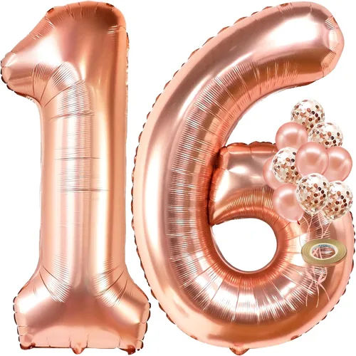 Vista 2 de KatchOn, Globos de oro rosa con el número 16, 40 pulgadas, paquete de 13, decoraciones de cumpleaños de dulces 16 para niñas