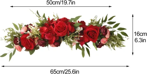 Vista 5 de Guirnalda de flores artificiales de peonía roja, guirnalda de arco de flores sintéticas de 25.6 pulgadas, dintel de puerta de simulación, hojas