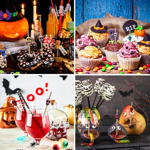 Vista 5 de LOMIMOS 150 piezas de Halloween esqueleto para bebida, palo de cóctel colorido con palillo de dientes de madera para cupcakes, piscina, fiesta